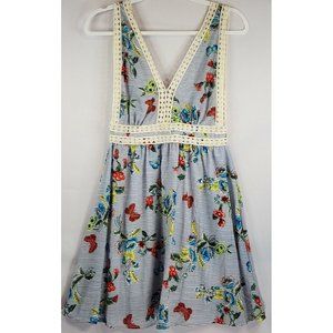 Humming Bird Dress Womens Small Blue Striped Floral Pattern V Neck Crochet Trim